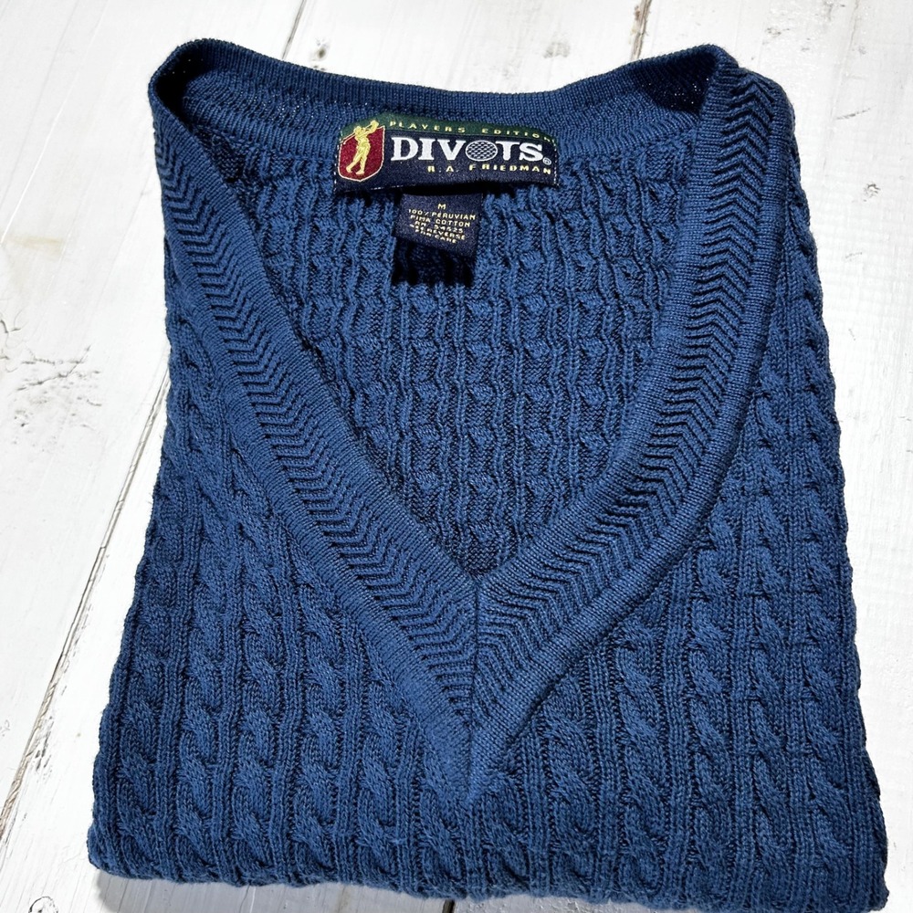 Divots Players Edition Mens Medium‎ Blue 100% Pima Cotton Cable Knit Golf Vest